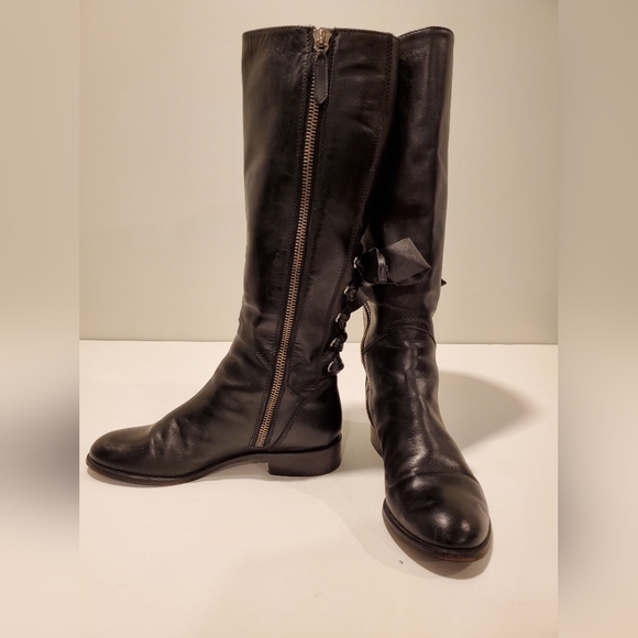 Valentino Ascot Ribbon Lace-Up Boots Black Leather Size 38 1/2 Knee High - Picture 7 of 10
